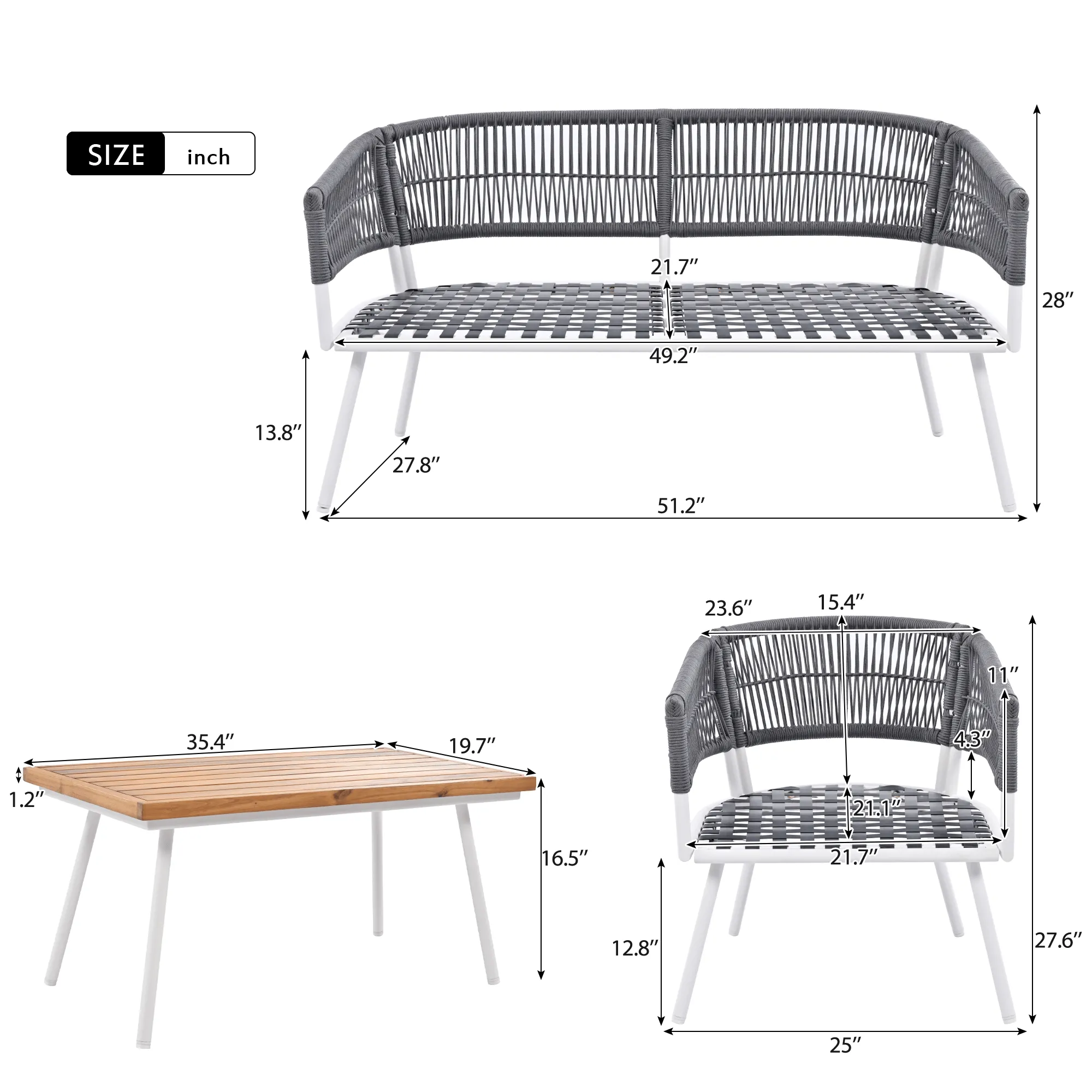 4-Piece Boho Rope Patio Furniture Set, Acacia Wood Table, Deep Seating & Cushions, Grey