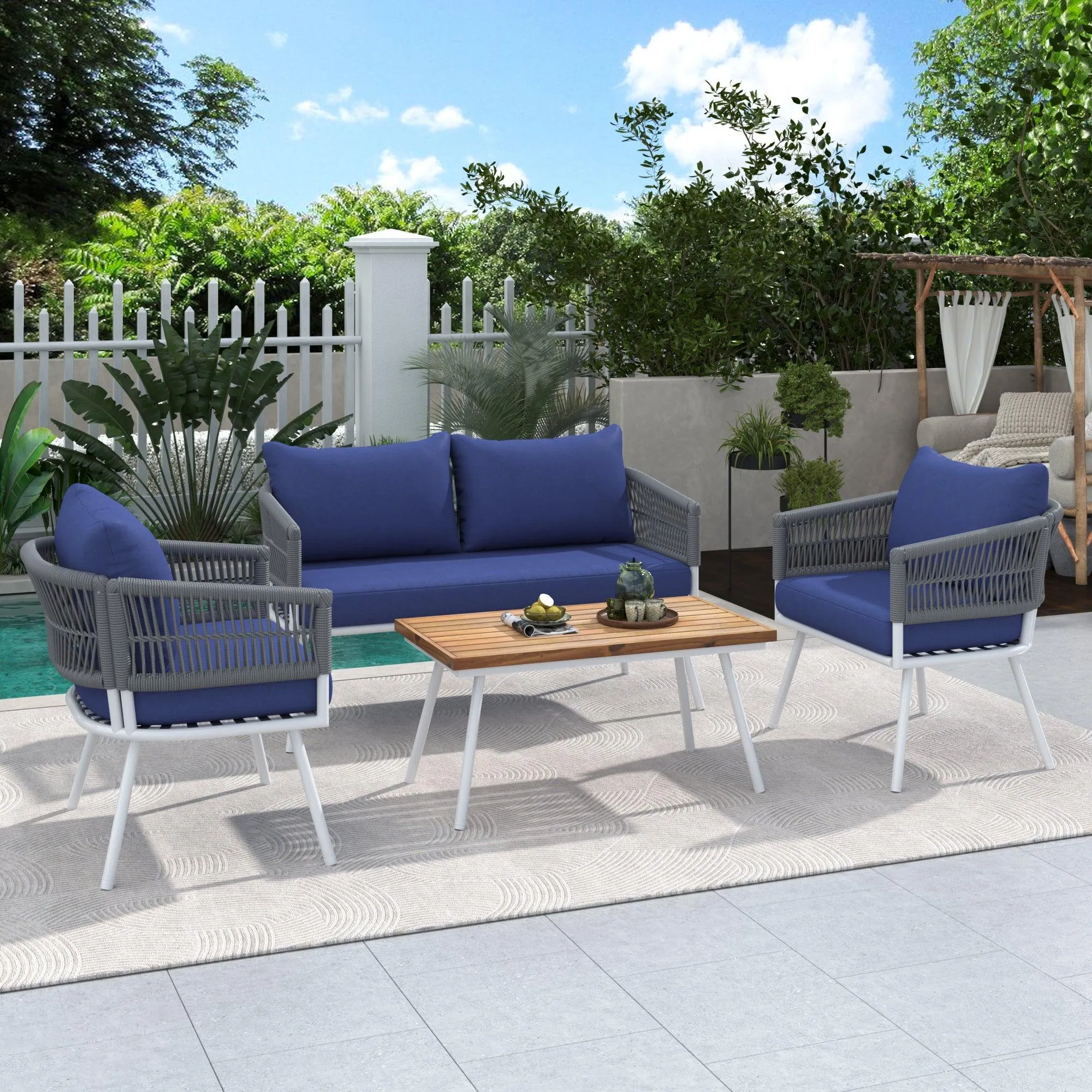 4-Piece Boho Rope Patio Set, Outdoor Furniture with Acacia Wood Table, Deep Seating & Thick Cushions, Navy Blue