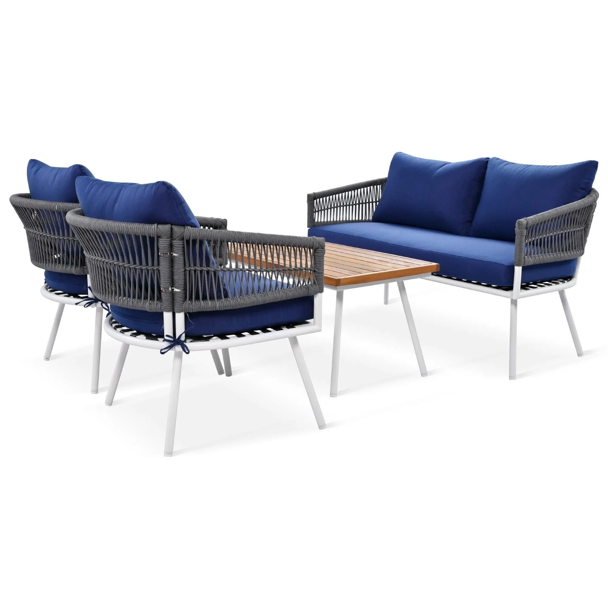 4-Piece Boho Rope Patio Set, Outdoor Furniture with Acacia Wood Table, Deep Seating & Thick Cushions, Navy Blue