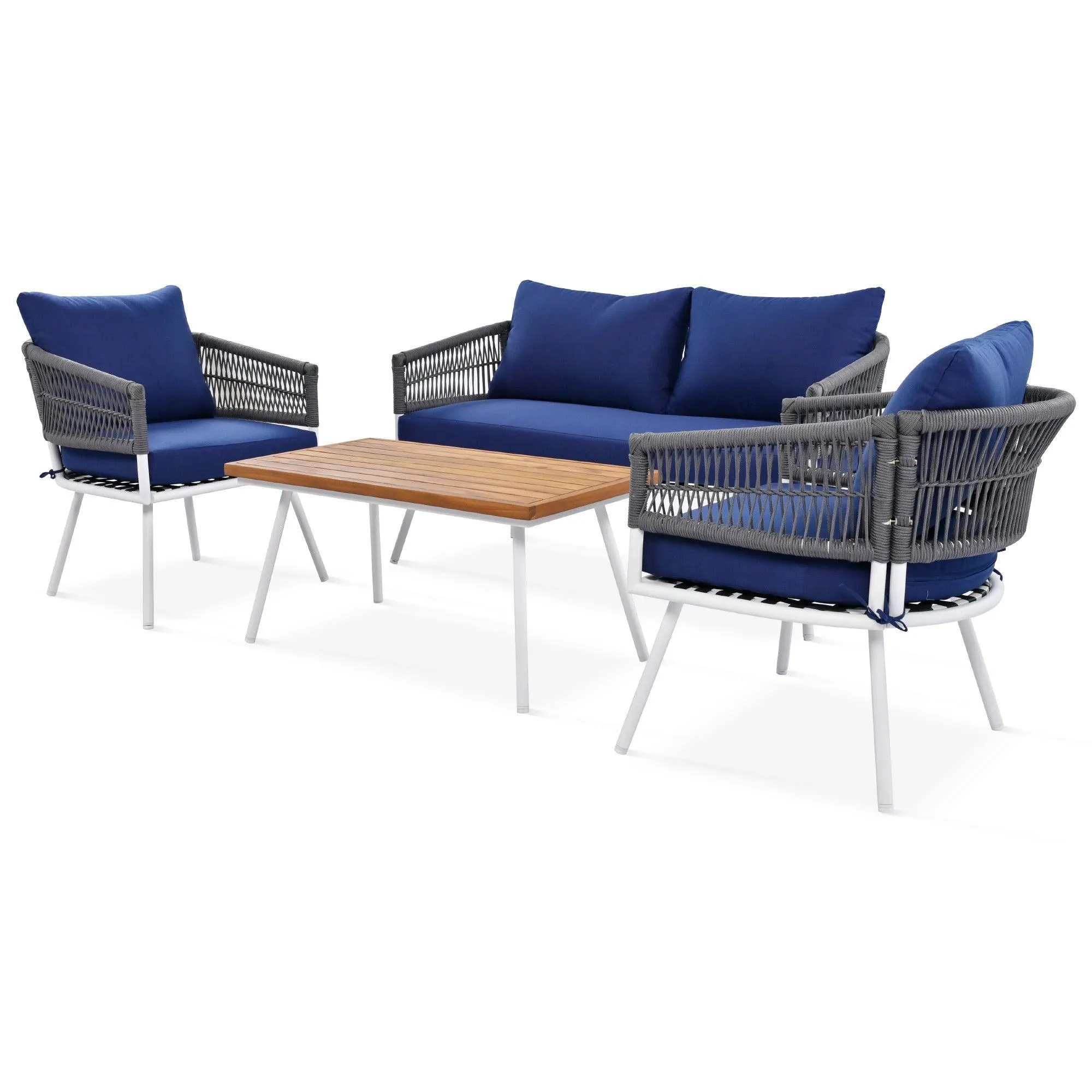 4-Piece Boho Rope Patio Set, Outdoor Furniture with Acacia Wood Table, Deep Seating & Thick Cushions, Navy Blue