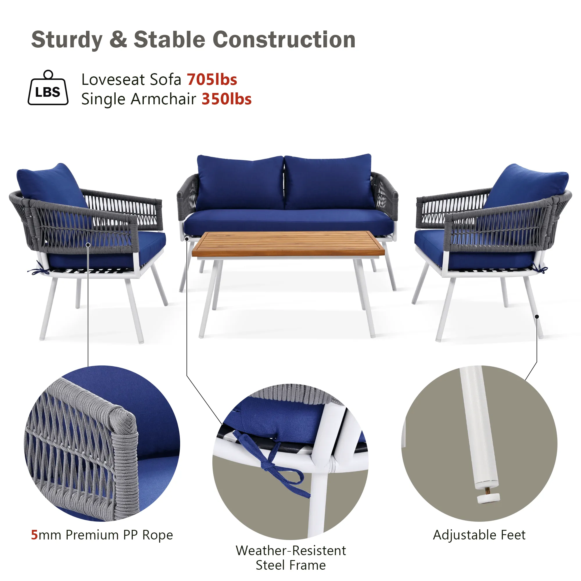 4-Piece Boho Rope Patio Set, Outdoor Furniture with Acacia Wood Table, Deep Seating & Thick Cushions, Navy Blue