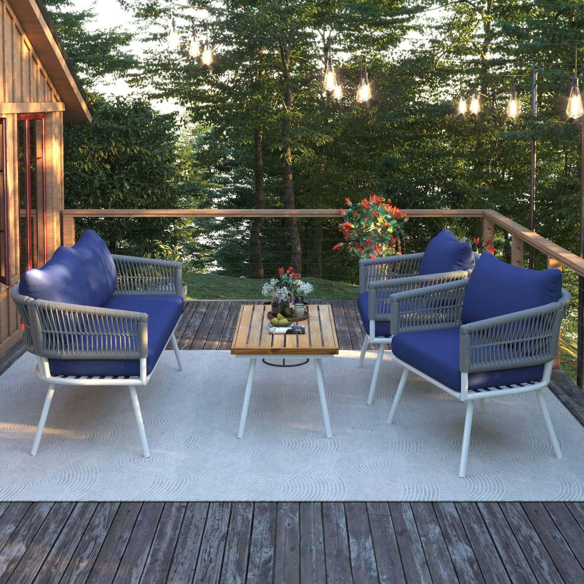 4-Piece Boho Rope Patio Set, Outdoor Furniture with Acacia Wood Table, Deep Seating & Thick Cushions, Navy Blue