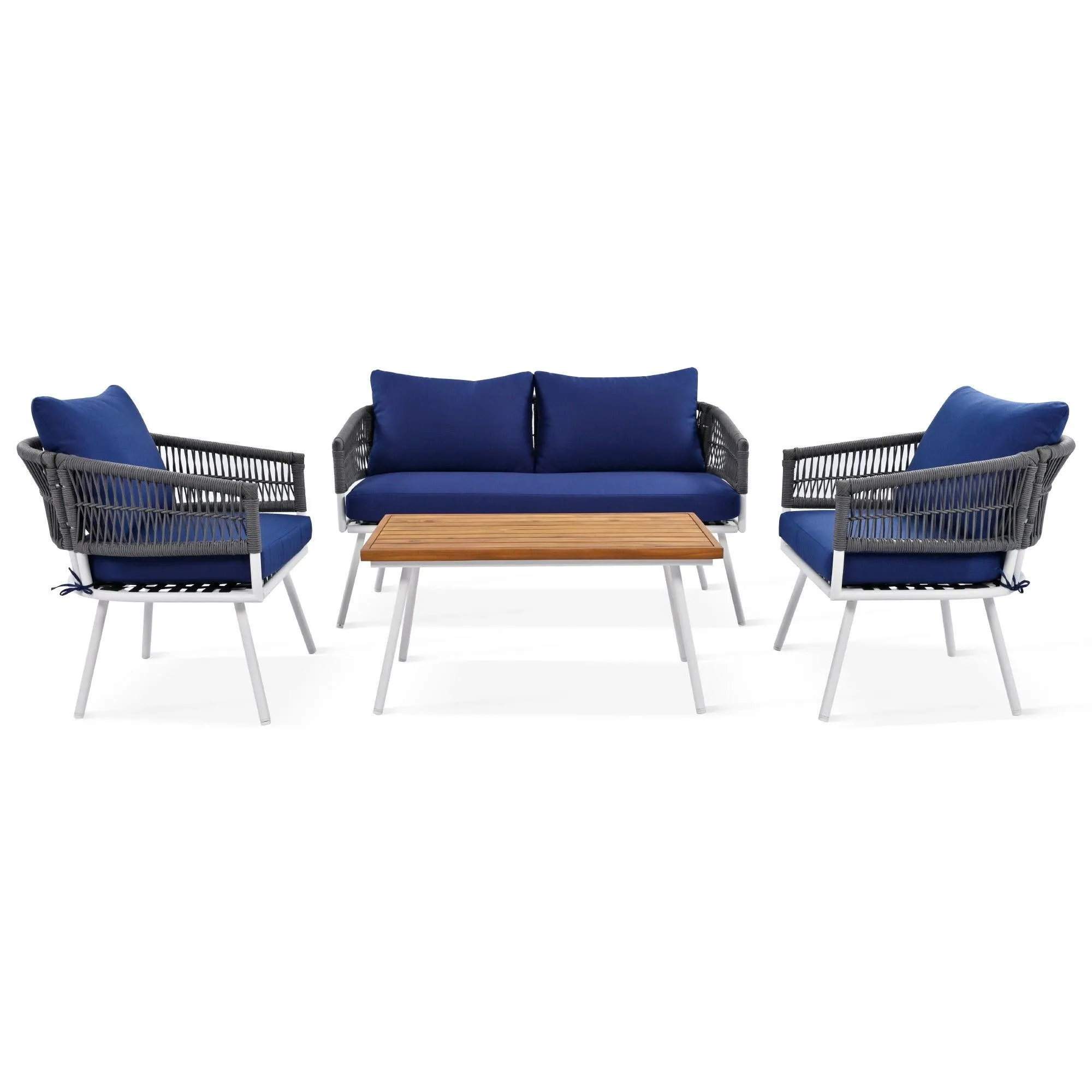 4-Piece Boho Rope Patio Set, Outdoor Furniture with Acacia Wood Table, Deep Seating & Thick Cushions, Navy Blue