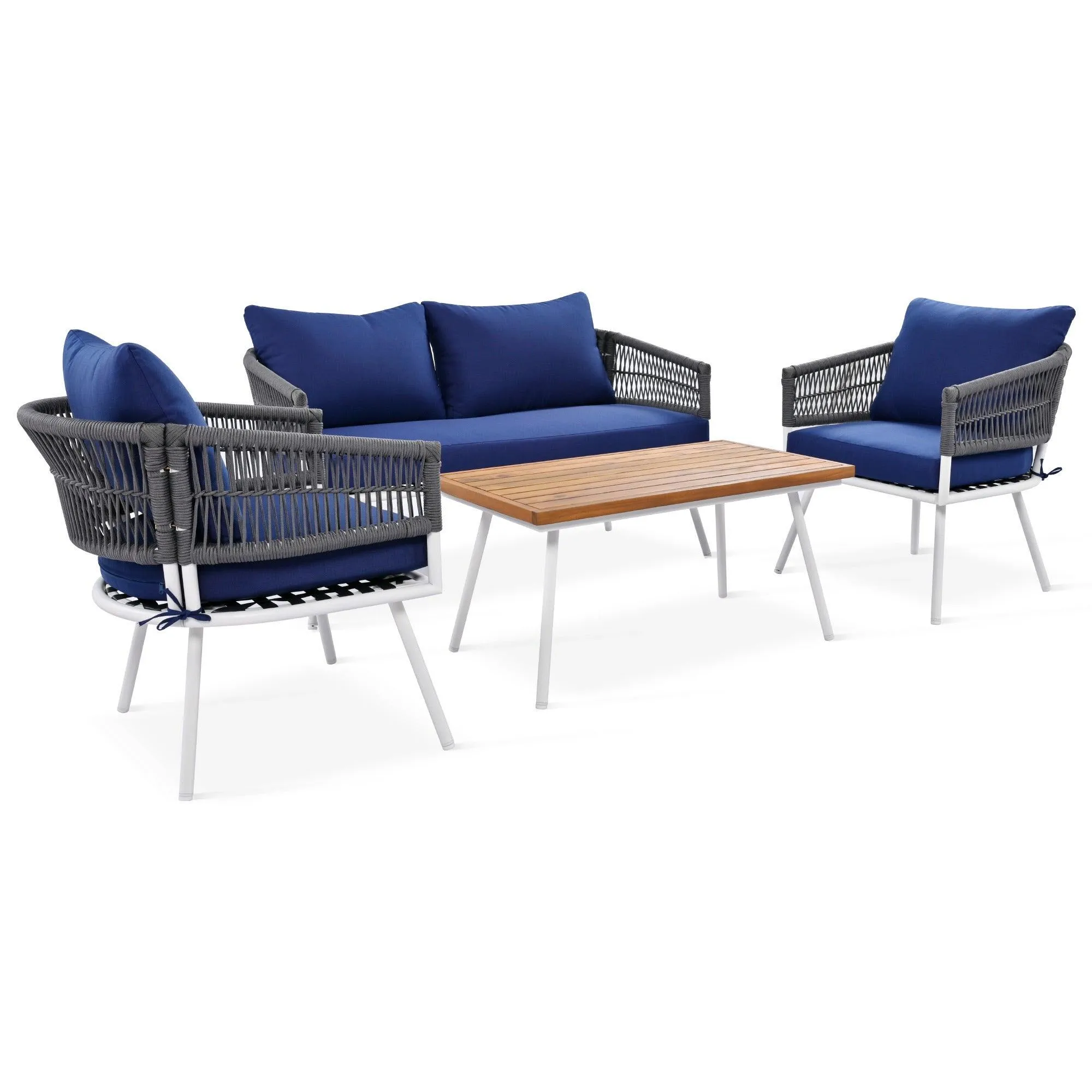 4-Piece Boho Rope Patio Set, Outdoor Furniture with Acacia Wood Table, Deep Seating & Thick Cushions, Navy Blue