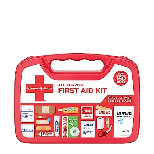 Johnson & Johnson All-Purpose Portable Compact First Aid Kit for Minor Cuts, Scrapes, Sprains & Burns, Ideal for Home, Car, Travel, Camping and Outdoor Emergencies, 160 Pieces