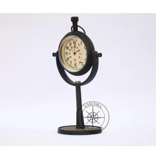 VASUDHA SAMPADA Handicrafts | Antique Brass Table Stand Clock | for Home Study Living Room Home& Office | Decor Showpiece Collectible Item - Black